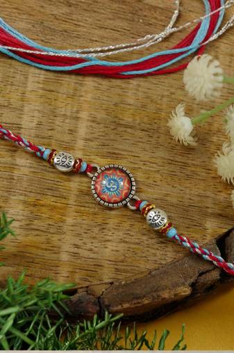 om designer rakhi with roli chawal & rakshabandhan card