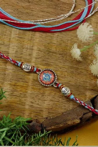 om designer rakhi with roli chawal & rakshabandhan card