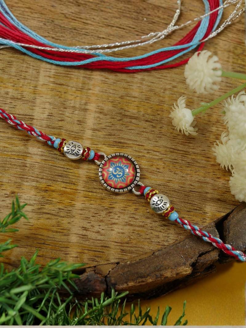 om designer rakhi with roli chawal & rakshabandhan card