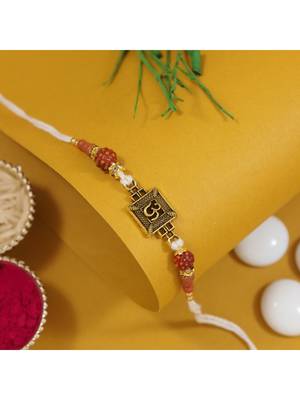 om design & rudraksha bead rakhi with roli chawal & rakshabandhan card 1