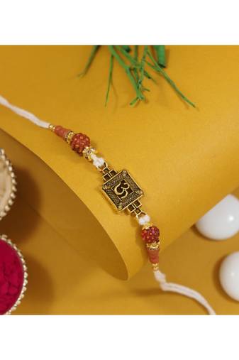 om design & rudraksha bead rakhi with roli chawal & rakshabandhan card