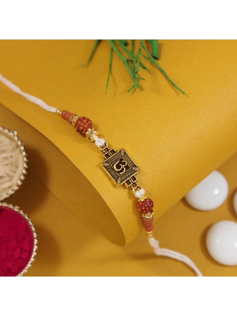 om design & rudraksha bead rakhi with roli chawal & rakshabandhan card