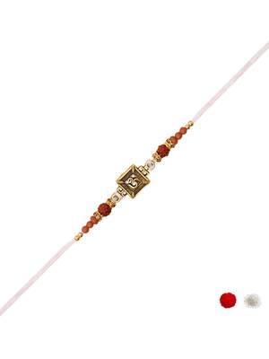 om design & rudraksha bead rakhi with roli chawal & rakshabandhan card 2