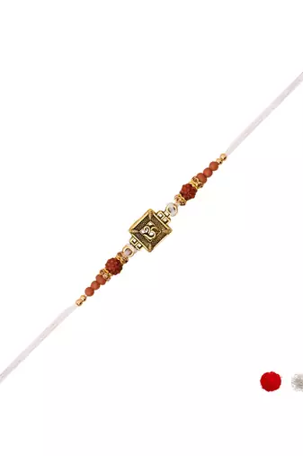 om design & rudraksha bead rakhi with roli chawal & rakshabandhan card