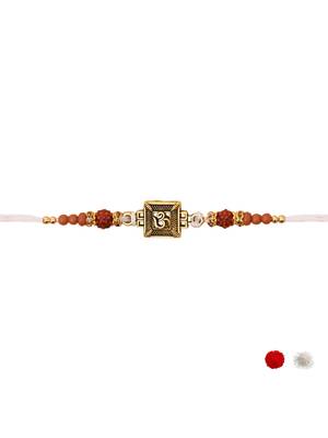 om design & rudraksha bead rakhi with roli chawal & rakshabandhan card 3