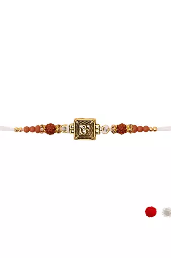 om design & rudraksha bead rakhi with roli chawal & rakshabandhan card