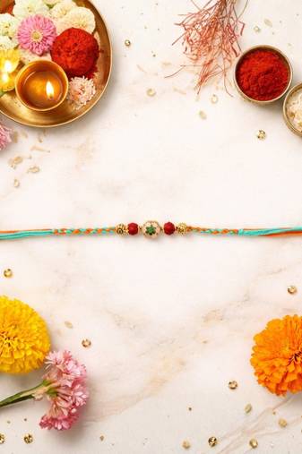 floral meenakari & rudraksha bead rakhi with roli chawal & rakshabandhan card