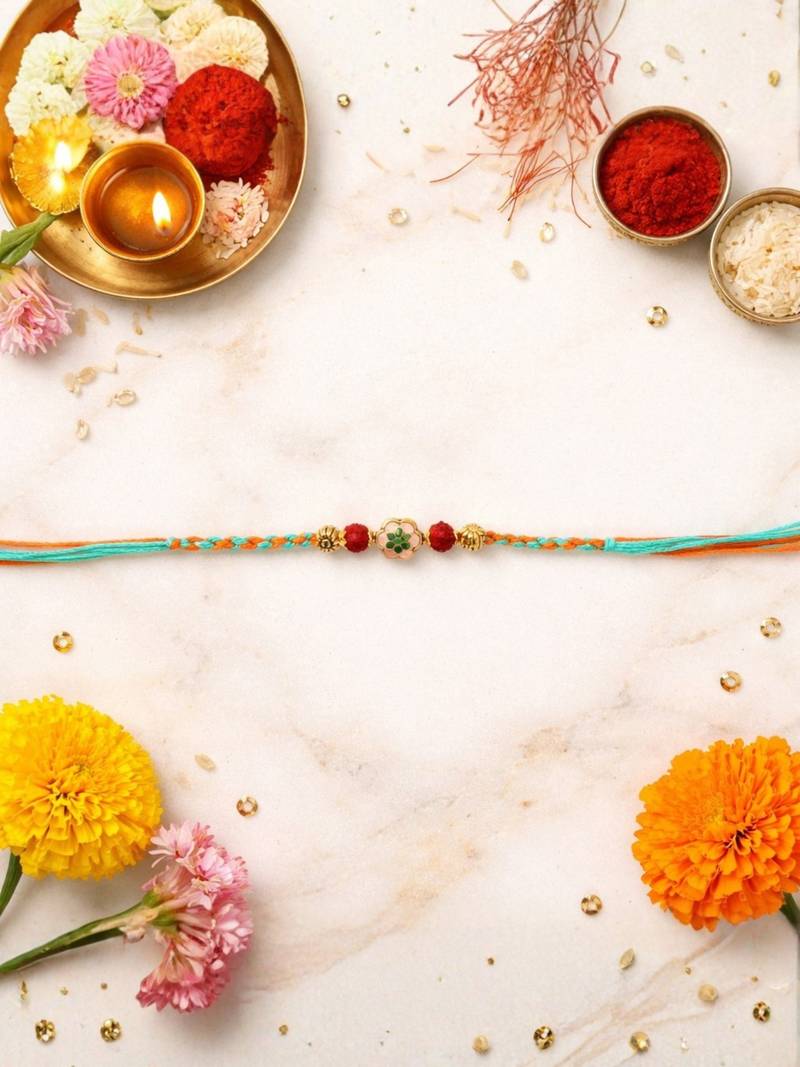 floral meenakari & rudraksha bead rakhi with roli chawal & rakshabandhan card