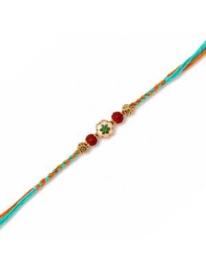 floral meenakari & rudraksha bead rakhi with roli chawal & rakshabandhan card 2