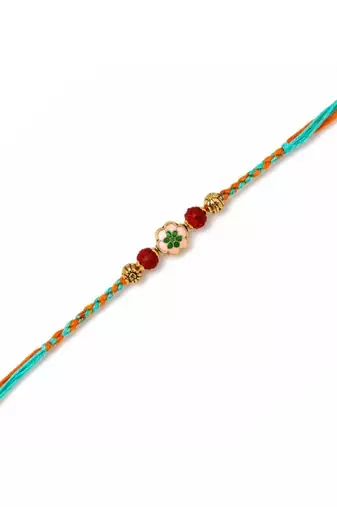 floral meenakari & rudraksha bead rakhi with roli chawal & rakshabandhan card