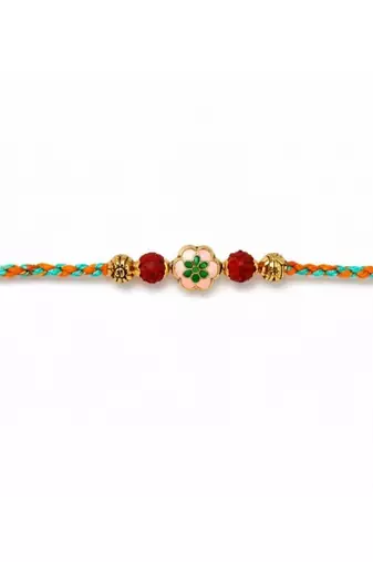 floral meenakari & rudraksha bead rakhi with roli chawal & rakshabandhan card