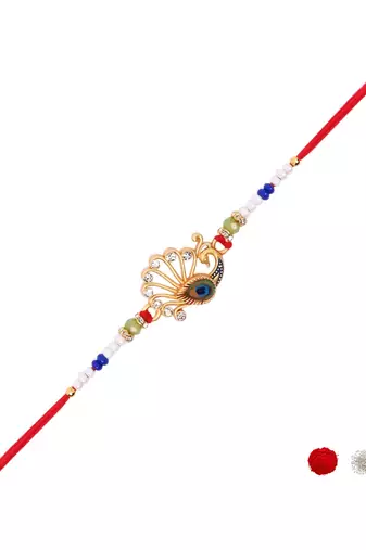 peacock design rakhi with roli chawal and raksha bandhan card