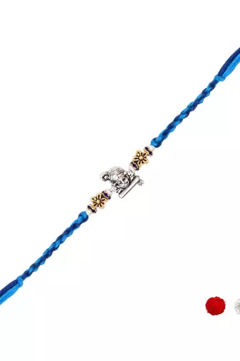 ganesha designer blue rakhi with roli chawal and raksha bandhan card