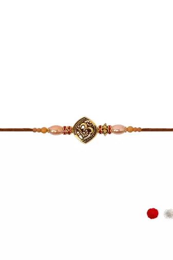 om designer rakhi with roli chawal and raksha bandhan card