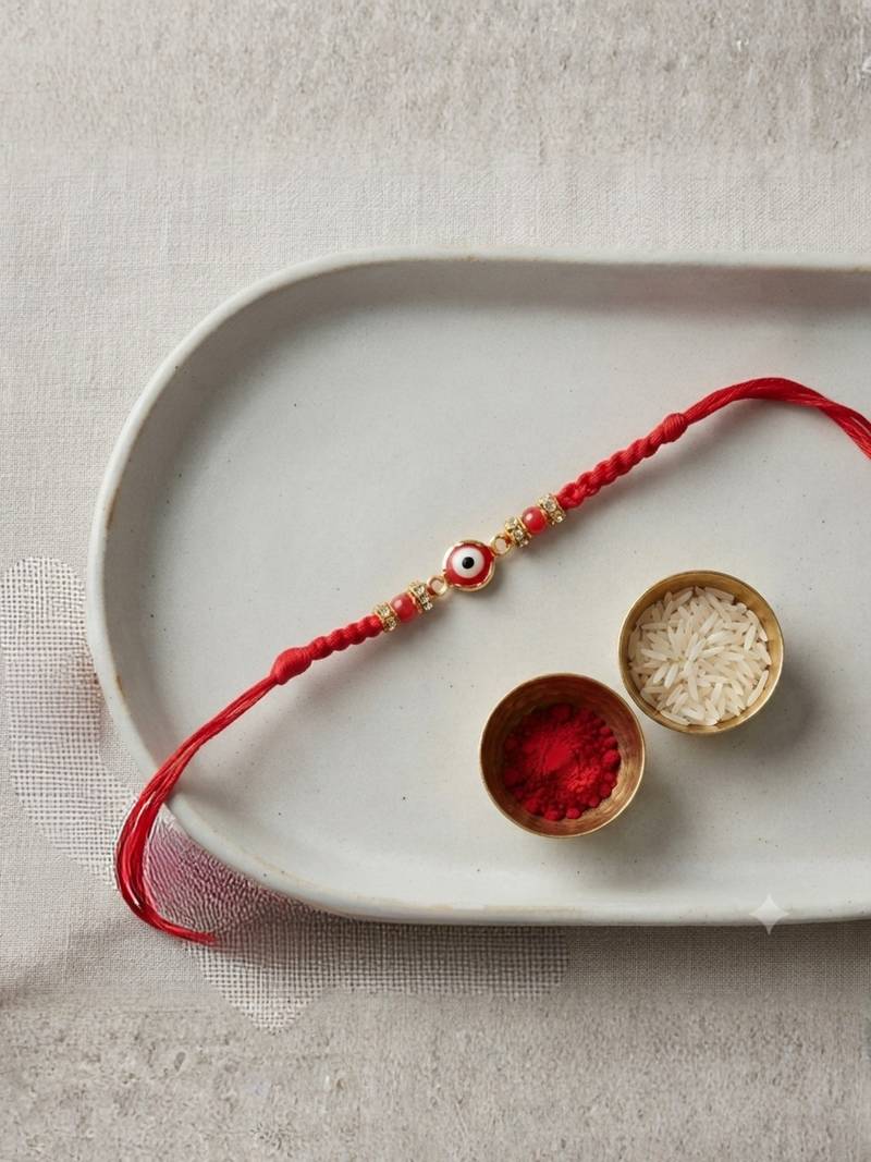 evil eye designer rakhi with roli chawal and raksha bandhan card