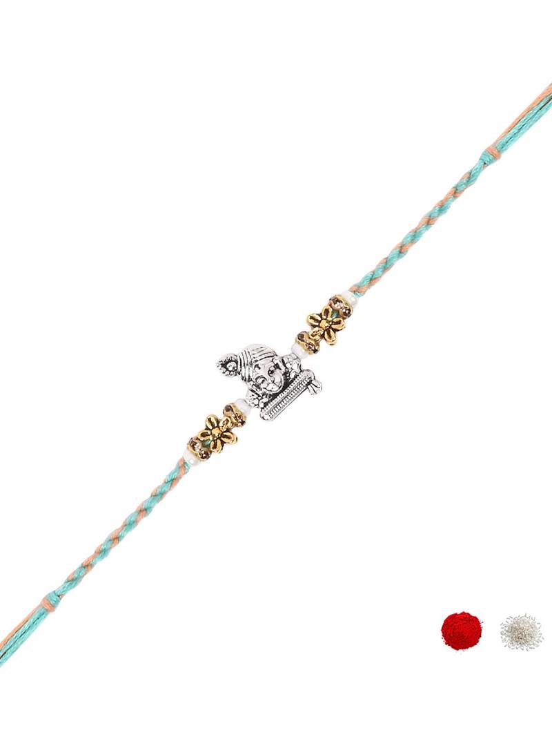 ganesha design rakhi with roli chawal and raksha bandhan card