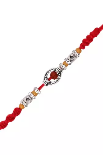 rudraksha designer rakhi with roli chawal and raksha bandhan card