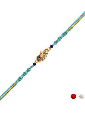 peacock feather designer rakhi with roli chawal and raksha bandhan card 2