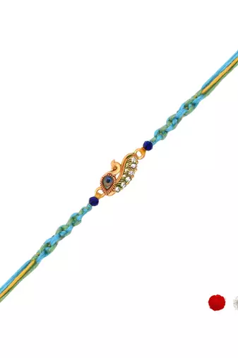 peacock feather designer rakhi with roli chawal and raksha bandhan card