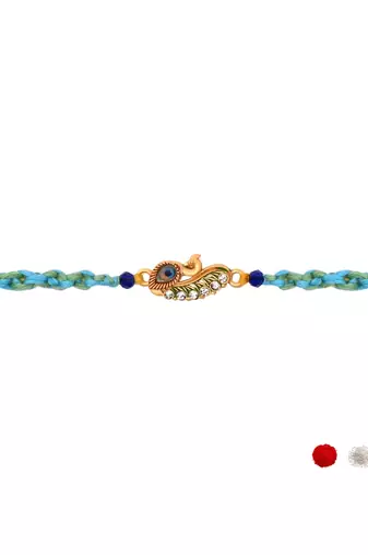 peacock feather designer rakhi with roli chawal and raksha bandhan card