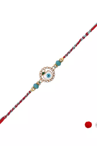 evil eye designer rakhi with roli chawal and raksha bandhan card