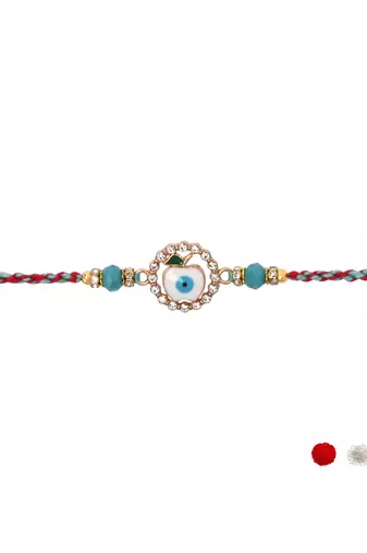 evil eye designer rakhi with roli chawal and raksha bandhan card