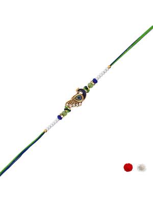 peacock feather designer rakhi with roli chawal and raksha bandhan card 2
