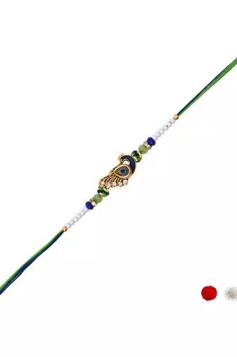 peacock feather designer rakhi with roli chawal and raksha bandhan card