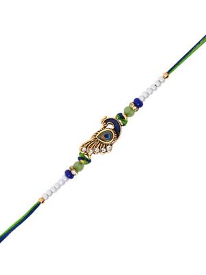 peacock feather designer rakhi with roli chawal and raksha bandhan card 3