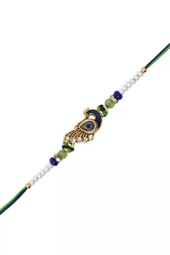 peacock feather designer rakhi with roli chawal and raksha bandhan card