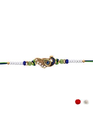 peacock feather designer rakhi with roli chawal and raksha bandhan card 4
