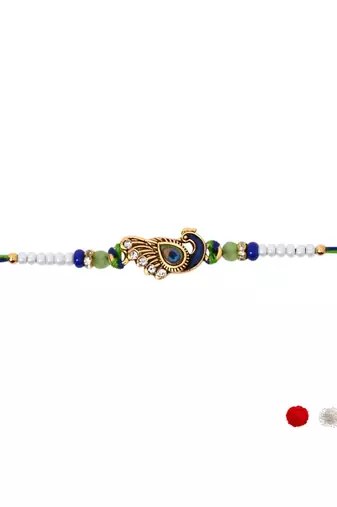 peacock feather designer rakhi with roli chawal and raksha bandhan card