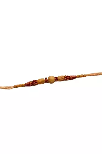 wooden bead designer rakhi with roli chawal and raksha bandhan card