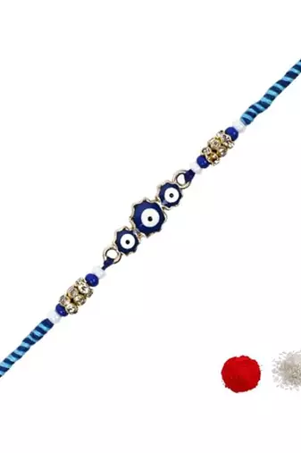 evil eye theme designer rakhi with roli chawal and raksha bandhan card