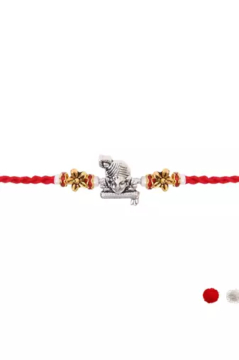 krishna designer red rakhi with roli chawal and raksha bandhan card