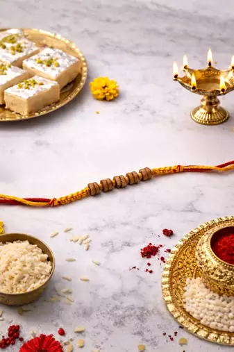 wooden bead designer rakhi with roli chawal and raksha bandhan card