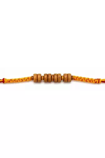 wooden bead designer rakhi with roli chawal and raksha bandhan card