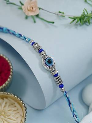 blue stone designer rakhi with roli chawal and raksha bandhan card 1