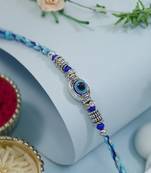 blue stone designer rakhi with roli chawal and raksha bandhan card