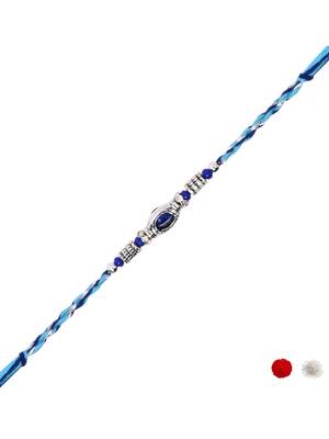 blue stone designer rakhi with roli chawal and raksha bandhan card 2