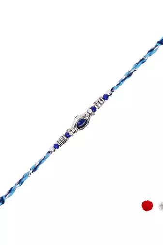 blue stone designer rakhi with roli chawal and raksha bandhan card
