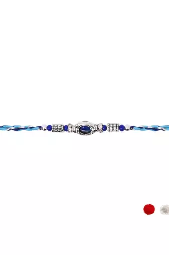 blue stone designer rakhi with roli chawal and raksha bandhan card