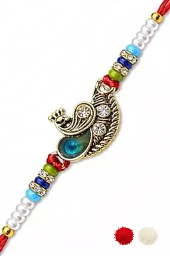 peacock designer red rakhi with roli chawal and raksha bandhan card