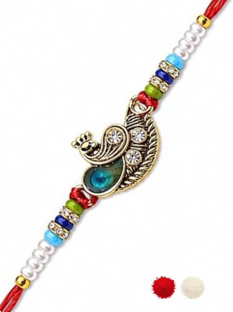 peacock designer red rakhi with roli chawal and raksha bandhan card
