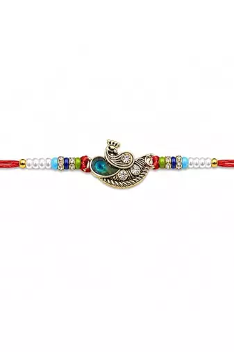peacock designer red rakhi with roli chawal and raksha bandhan card