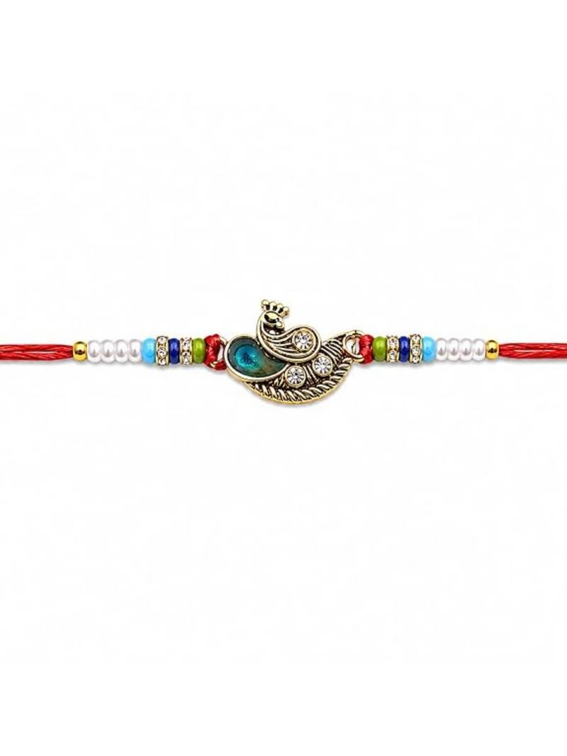peacock designer red rakhi with roli chawal and raksha bandhan card