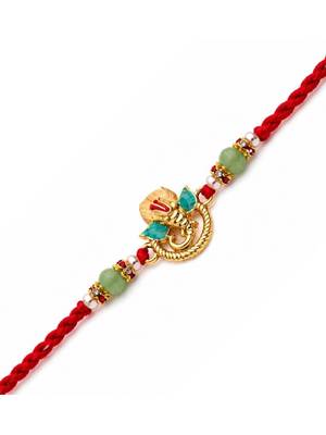 ganesha designer red rakhi with roli chawal and raksha bandhan card 2