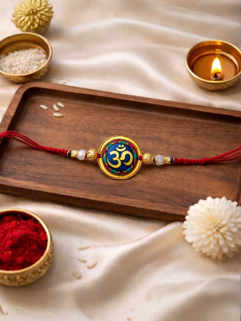om designer rakhi with roli chawal and raksha bandhan card