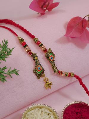 peacock designer lumba and rakhi set with roli chawal and raksha bandhan card 1
