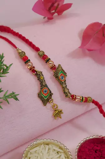 peacock designer lumba and rakhi set with roli chawal and raksha bandhan card